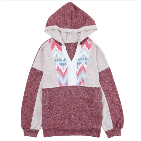 🌵Aztec/Tribal Print Color Block Hooded Sweatshirt Kangaroo Pocket - Picture 8 of 16